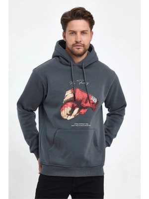 Pileli Store Erkek 3 Iplik Pamuklu Kapüşonlu Cepli Boks Eldiven Baskılı Hoodie Sweatshirt - Füme