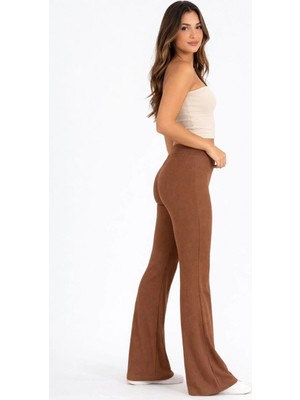 Pileli Store Kadın Fitilli Kaşkorse Ispanyol Paça Tayt Yüksek Bel Esnek Pantolon - Kahverengi