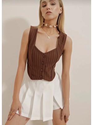 Uravas Store Çizgili Krep Düğmeli Yelek Kahve S3395