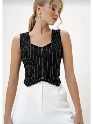 Uravas Store Çizgili Krep Düğmeli Yelek Siyah S3395