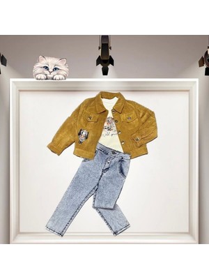 Uravas Store 3-4-5 Yaş Fitilli Kadife Ceket Kot Pantolonlu 3lü Kız Erkek Çuk Takımı Hardal
