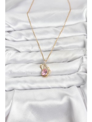 Elif Asya Ceyiz Tekstil 316L Çelik Zincir Gold Renk Pembe Kuğu Model Zirkon Taşlı Kadın Kolye