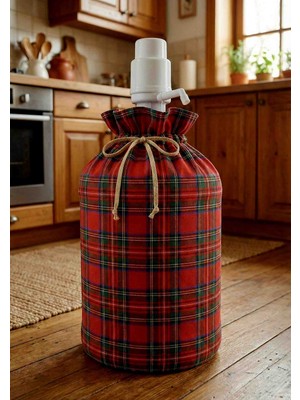 MiniStand Iskoç Ekose Desenli Su Damacanası Kılıfı 19 Litre Uyumlu Bağcıklı Dekoratif Damacana Örtüsü Kırmızı