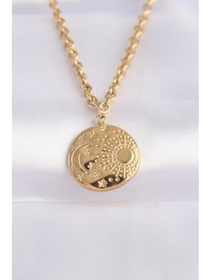 Elif Asya Ceyiz Tekstil 316L Çelik Zincir Altın Renk Oval Desenli Kolye