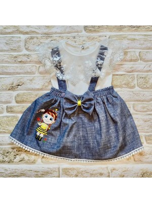 Uravas Store 1-2-3 Yaş Bayan Arı Nakışlı Kot Desenli Etek Pamuklu Kumaş 2li Kız Bebek Spet Takımı Lacivert