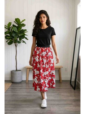 BBS Kadın Kırmızı Çiçek Desenli Beli Lastikli Uzun Etek - Rahat Kesim Maxi Etek