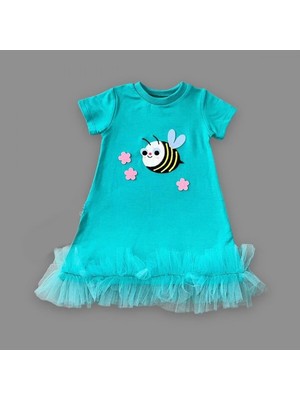 Uravas Store 1-2-3 Yaş Arıcık Nakışlı Eteği Fırfırlı Jile Kız Çuk Elbisesi Turkuaz