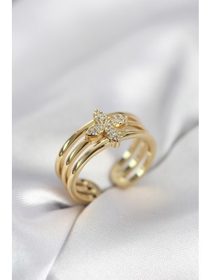 Elif Asya Ceyiz Tekstil Gold Renk Zirkon Taşlı Yonca Model Kadın Yüzük