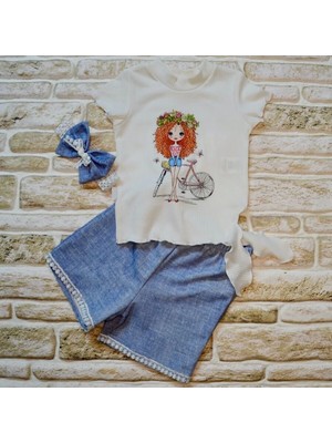 Uravas Store 1-2-3 Yaş Bisikletli Kız Baskılı Bandanalı Kot Desenli Şort Kısa Kollu Tişört 3lü Kız Bebek Takımı