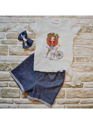 Uravas Store 1-2-3 Yaş Bisikletli Kız Baskılı Bandanalı Kot Desenli Şort Kısa Kollu Tişört 3lü Kız Bebek Takımı
