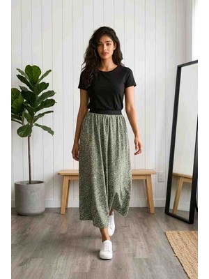 BBS Papatya Desenli Yeşil Lastikli Etek - Salaş Kesim Uzun Etek