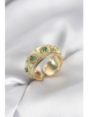 Elif Asya Ceyiz Tekstil Yeşil Zirkon Taşlı Gold Renk Vintage Kadın Yüzük