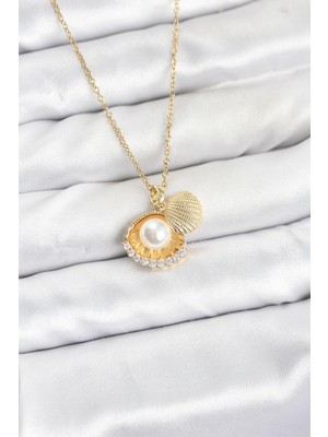 Elif Asya Ceyiz Tekstil 316L Çelik Zincir Gold Renk Incili Deniz Kabuğu Model Zirkon Taşlı Kadın Kolye