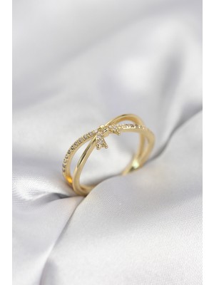 Elif Asya Ceyiz Tekstil Gold Renk Zirkon Taşlı Fiyonk Model Kadın Yüzük