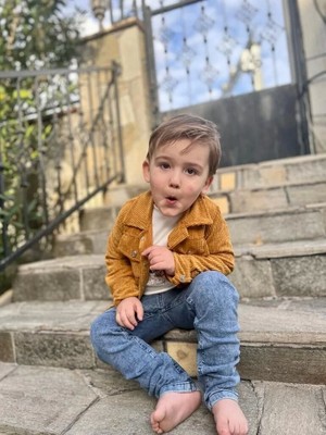 Uravas Store 3-4-5 Yaş Fitilli Kadife Ceket Kot Pantolonlu 3lü Kız Erkek Çuk Takımı Gül Kurusu