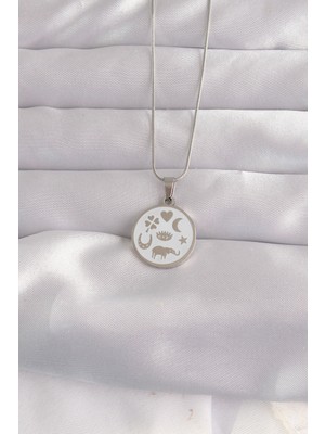 Elif Asya Ceyiz Tekstil 316L Çelik Gümüş Renk Beyaz Mineli Karışık Figürlü Tarot Kolye