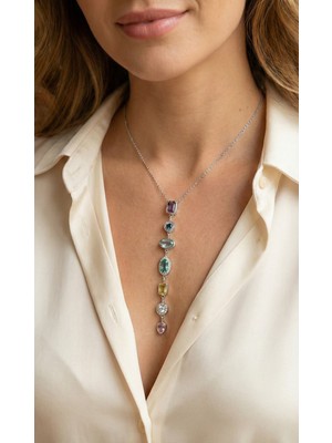 Elif Asya Ceyiz Tekstil Pirinç Renkli Zirkon Taşlı Model Gümüş Renk 7 Element Kadın Y Kolye