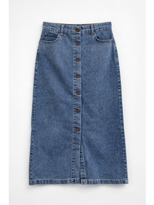 Banny Jeans Önden Düğmeli Yüksek Bel Uzun Mavi Denim Etek