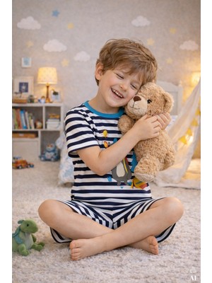 Koza İç Giyim Erkek Çocuk Pamuklu Çizgili Baskılı Kısa Kollu Şortlu Pijama Takımı