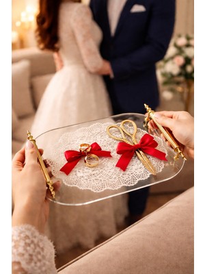 Pleksi Gold Kulplu Sunum Tepsisi Dantel Desenli