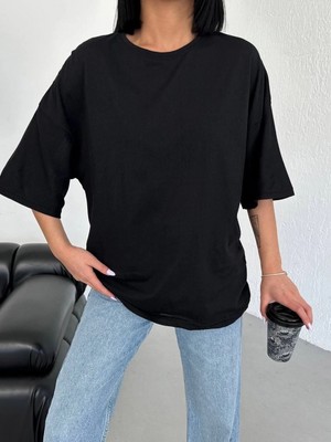 Pileli Store Kadın Düz T-Shirt Kısa Kol Bisiklet Yaka Oversize Tişört - Siyah