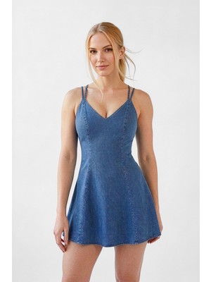 Markapia Kadın Askılı V Yaka Esnek Slim Fit Mavi Jean Elbise