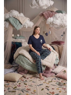 Bie's Büyük Beden Düğmesiz Viskon Kısa Kol Palazzo Pijama Takımı-Oversize Üst Geniş Paça Alt