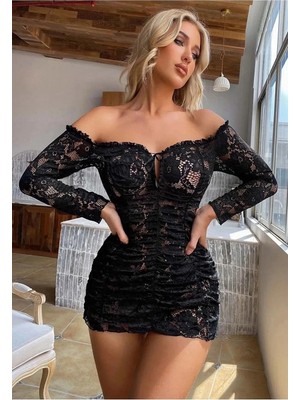 Uravas Store Büzgülü Dantelli Kayık Yaka Elbise Büyük Bedenlere