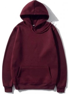 Pileli Store Kadın 3 Iplik Pamuklu Kapüşonlu Kanguru Cepli Düz Hoodie Sweatshirt - Bordo