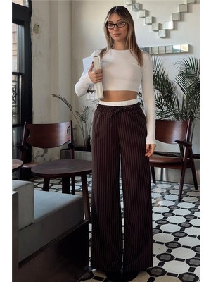 Swist Kahverengi Çizgili Maskülen Bağlamalı Kadın Pantolon