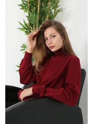 Pileli Store Kadın Tam Boğazlı Balıkçı Yaka Kazak Uzun Kol Düz Dokuma Triko - Siyah