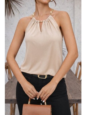 Cotton Lab Cottonlab Kadın Omuzlardan Açık Zincir Halka Detaylı Sandy Bluz