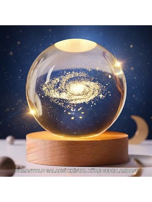 Kont 3D Lazer Işlemeli Galaksi Küre USB LED Ahşap Standlı Oda Gece Lambası