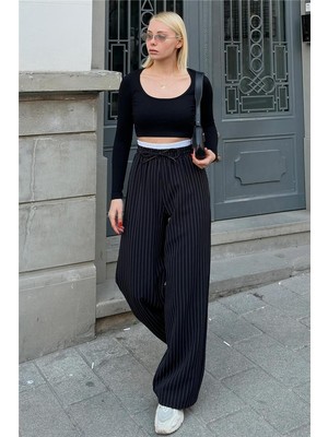 Swist Siyah Çizgili Maskülen Bağlamalı Kadın Pantolon