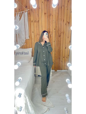 By Gamze Arman Haki  Renk Pamuk Kumaş Pileli Hamile Lohusa Pijama Takımı