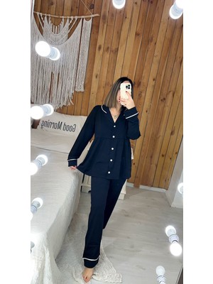 By Gamze Arman Siyah Renk Pamuk Kumaş Pileli Hamile Lohusa Pijama Takımı