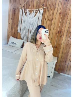 By Gamze Arman Ten Rengi Pamuk Kumaş Pileli Hamile Lohusa Pijama Takımı