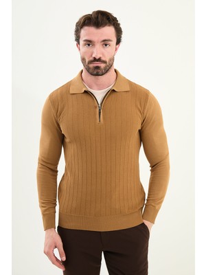 MCR Desenli Slim Fit Polo Yaka Fermuarlı Yün Erkek Triko Kazak