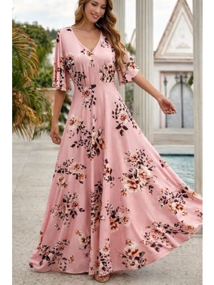 Cotton Lab Cottonlab Kadın Kısa Kollu V Yakalı Desenli Süprem Elbise