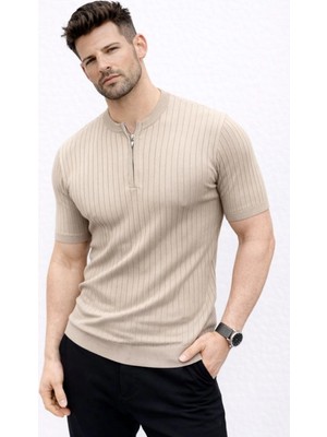 Pileli Store Erkek Kısa Kol Fitilli Triko T-Shirt Yazlık Hakim Yaka Tişört - Bej