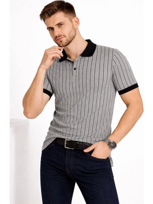 Pileli Store Erkek Polo Yaka Çizgili Tişört Kısa Kol Düğmeli Yazlık T-Shirt - Gri