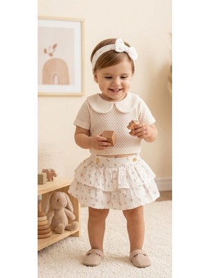 Kidzes Kız Bebek Kısa Kollu Merserize Bluz Müslin Etek Saç Bandı 3'lü Kombin