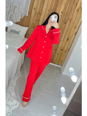 By Gamze Arman Kırmızı Renk Pamuk Kumaş Pileli Hamile Lohusa Pijama Takımı