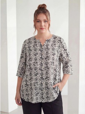 Rmg Çıtır Desenli V Yaka Büyük Beden Bluz