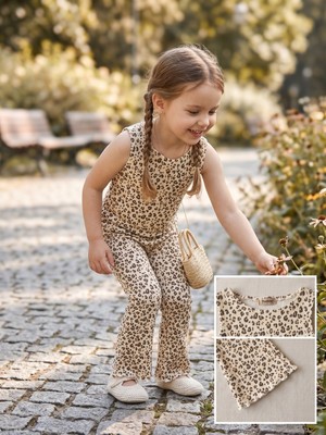Dudese Kız Çocuk Leopar Desenli 2'li Takım - Ispanyol Paça Pantolon ve Askısız Bluz Seti