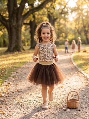 Dudese Kız Çocuk Leopar Desenli Kolsuz Bluz ve Kahverengi Tütü Etek Takım