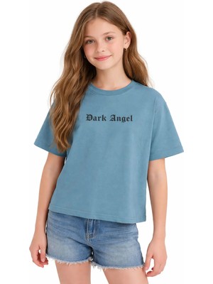 İrem Çocuk Giyim Kız Çocuk Önü Dark Angel Yazılı Sırtı Melek Kanatlı Yeşil Renk Oversize Kısa Kol Tişört