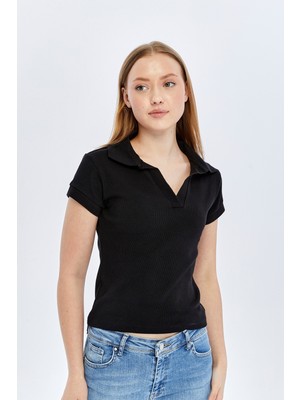 Trender Derin Patlı Kaşkorse Kadın T-Shirt 605-06 Siyah