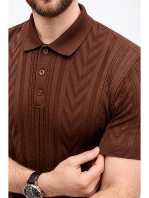 Pileli Store Erkek Yazlık Triko Tişört Kısa Kol Polo Yaka Düğmeli T-Shirt - Kahverengi