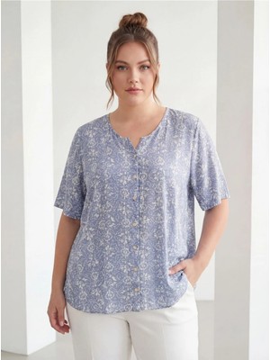 Rmg Çıtır Desenli V Yaka Büyük Beden Bluz